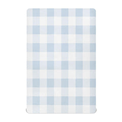 Kigai blue gingham crib sheet on mattress with secure elastic fit for a smooth sleep surface.