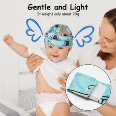 Kimitimi head protector front pattern features playful shark design to engage babies.
