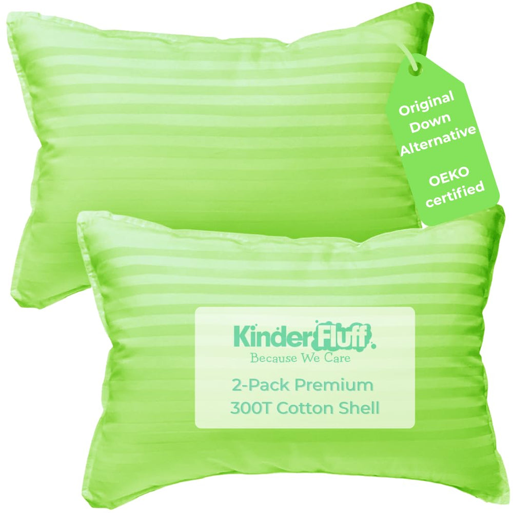 Kinder Fluff pre-teen pillow with green striped cover for comfortable neck support.