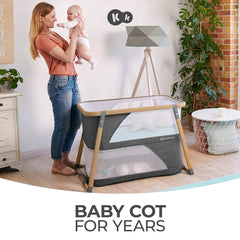 Kinderkraft Sofi 4-in-1 design shown as crib, playpen, and travel cot
