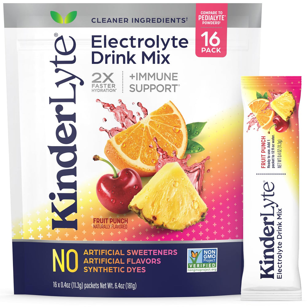 KinderLyte electrolyte powder in fruit punch dissolves in a glass for fast hydration.