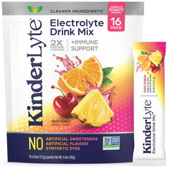 KinderLyte electrolyte powder in fruit punch dissolves in a glass for fast hydration.
