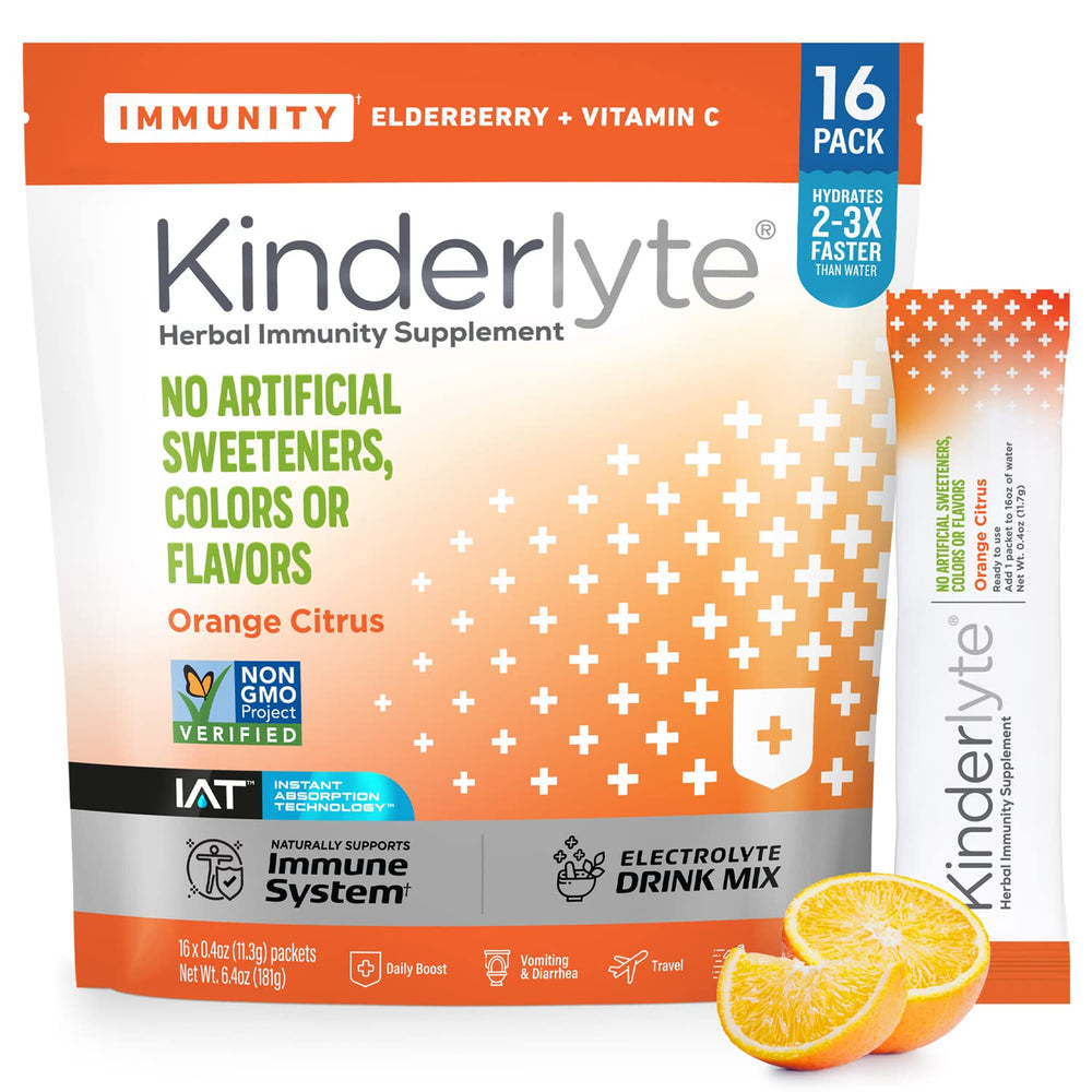 KinderLyte immunity packet in orange citrus for quick hydration and immune support.