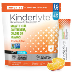 KinderLyte immunity packet in orange citrus for quick hydration and immune support.