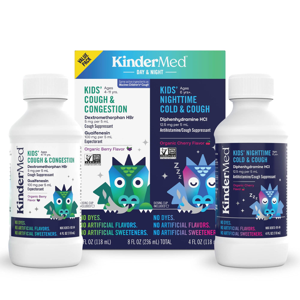KinderMed Day Cough bottle shows child-friendly formula for daytime use and mucus loosening.