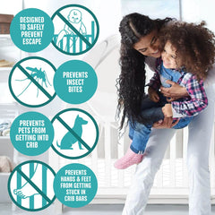 KinderSense mosquito net attachment to crib tent for insect protection.