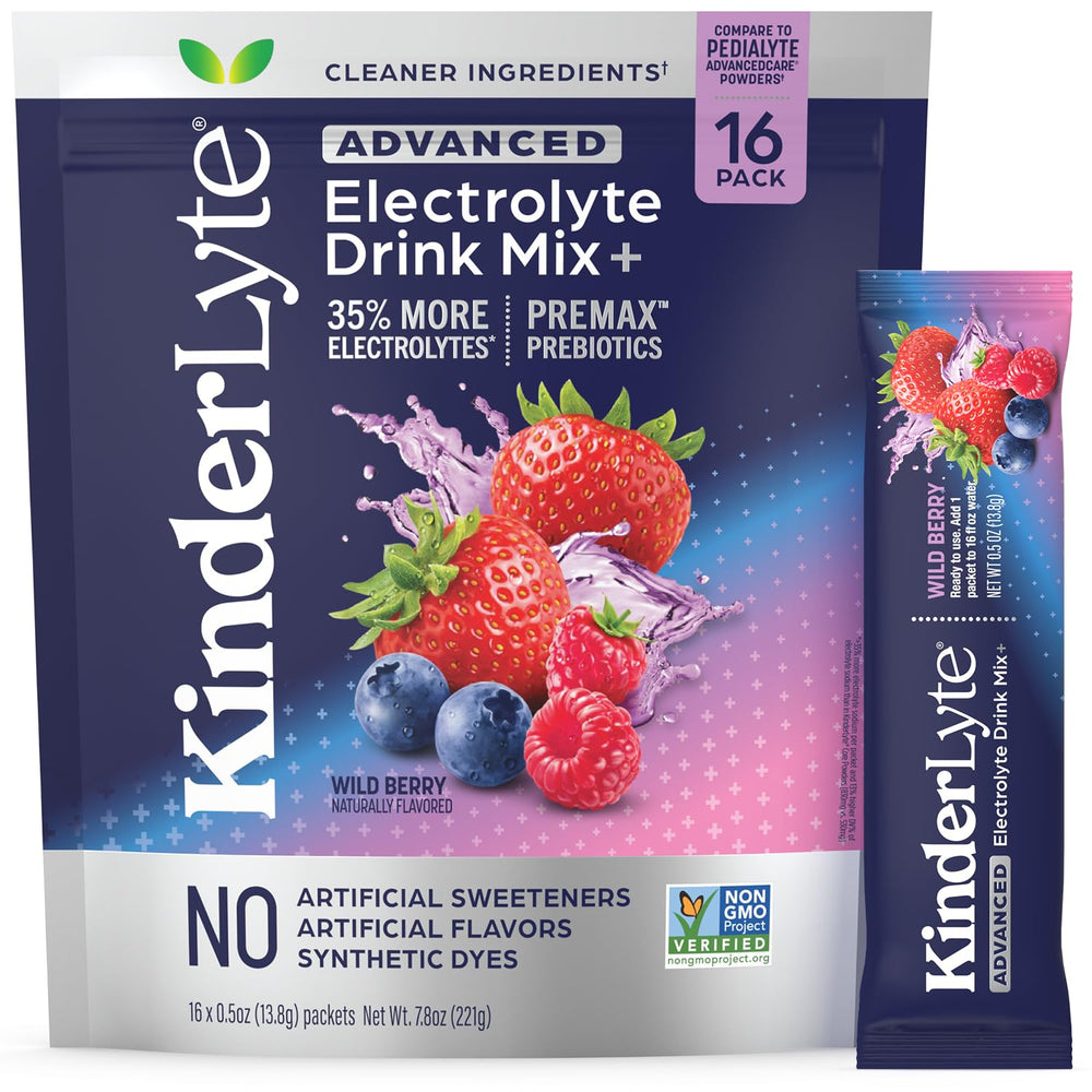 KinderLyte Advanced Hydration Wild Berry packet ready to mix for quick hydration