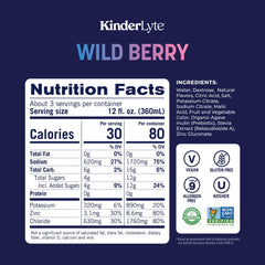 KinderLyte Wild Berry bottle at glass highlights clean ingredients for safe hydration