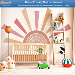 Kingarch Rainbow Sun Wall Decal in living room setup highlights cozy, family-friendly decor.