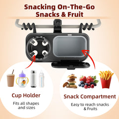 KingKam snack tray with cup holder secures bottles during park strolls.