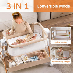 Kingobabys baby bassinet height adjustment helps align with bed.