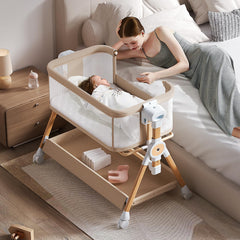 Kingobabys baby bassinet side view with mosquito net supports breathable sleep.