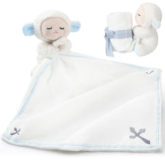 Kinlop blue lamb security blanket with cross, a comforting bedtime companion for babies.