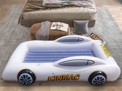 KINMAC bed shows low height and bumper frame for safety.