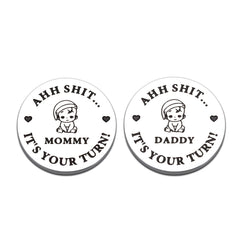 KINMES decision coin showing Daddy's Turn for quick parenting decisions.