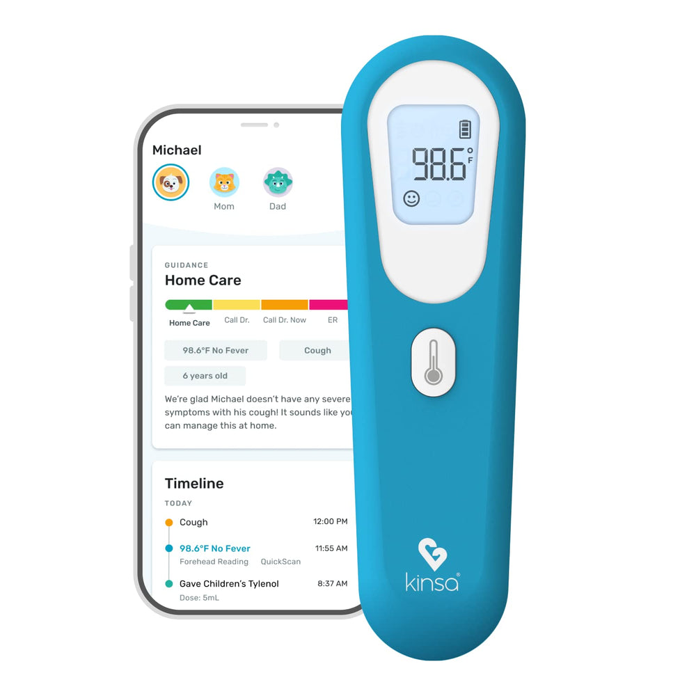 Kinsa QuickScan forehead thermometer display shows clear readings for quick fever checks.