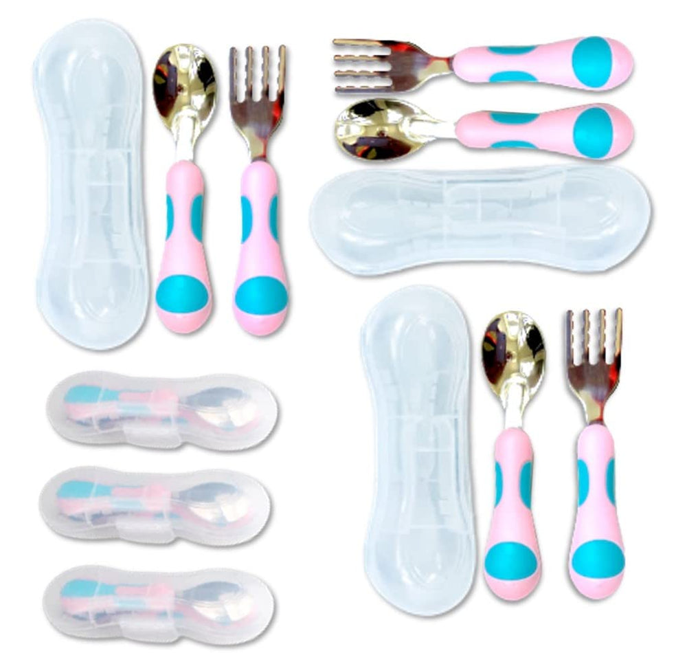 Kinsho toddler utensils travel case open in pink and blue, keeps utensils organized for on-the-go meals.