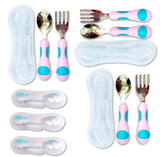 Kinsho toddler utensils travel case open in pink and blue, keeps utensils organized for on-the-go meals.