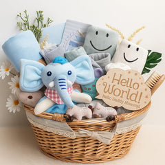 Kipwake baby boy gift basket display with complete newborn essentials.