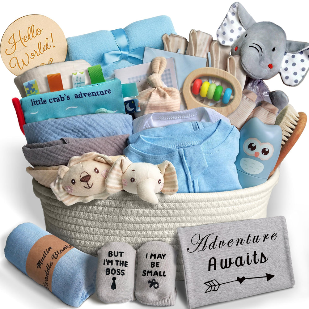 Kipwake baby boy gift basket front view for easy gifting of newborn essentials