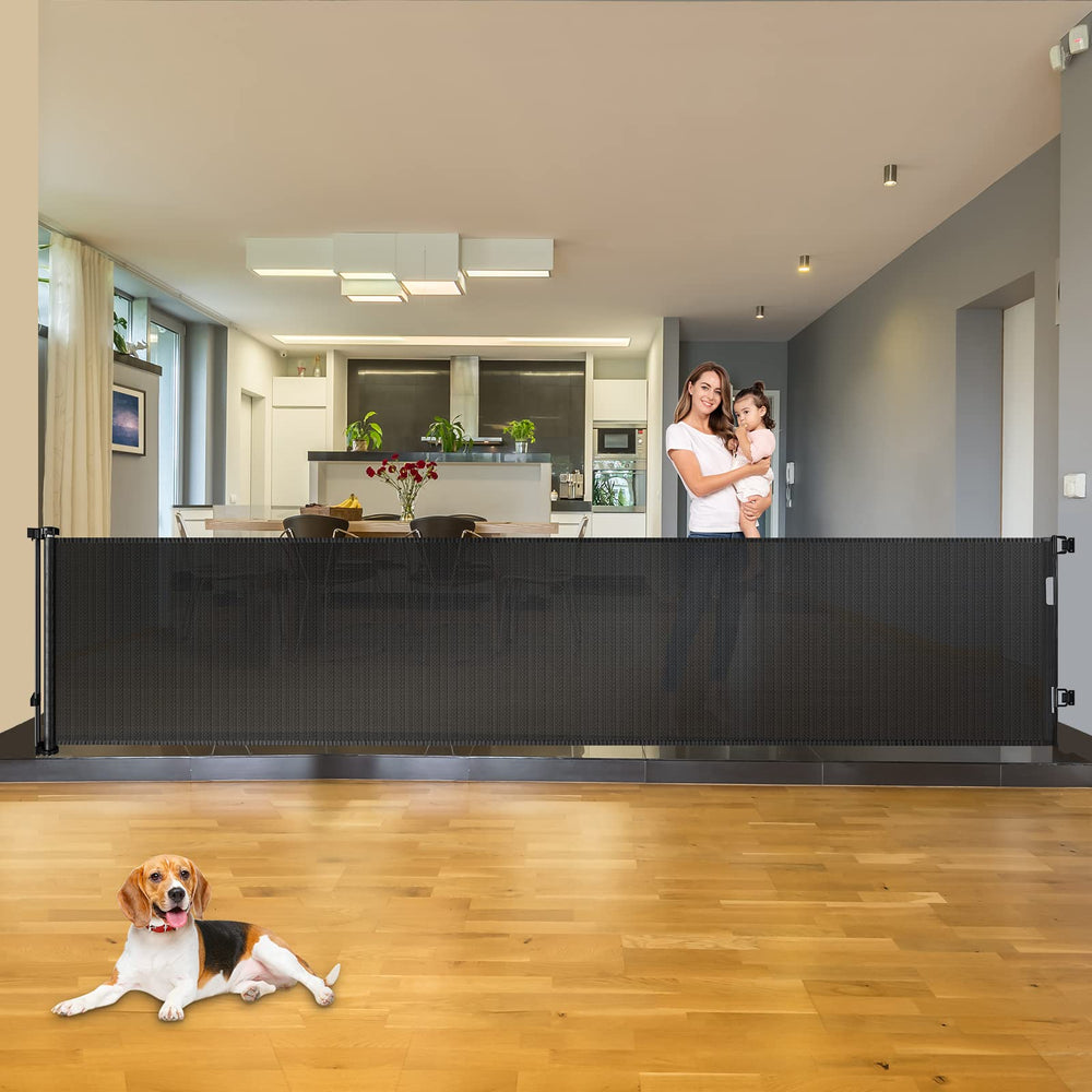 KISKIZ 110-inch retractable gate assembled for wide doorway, perfect for large openings