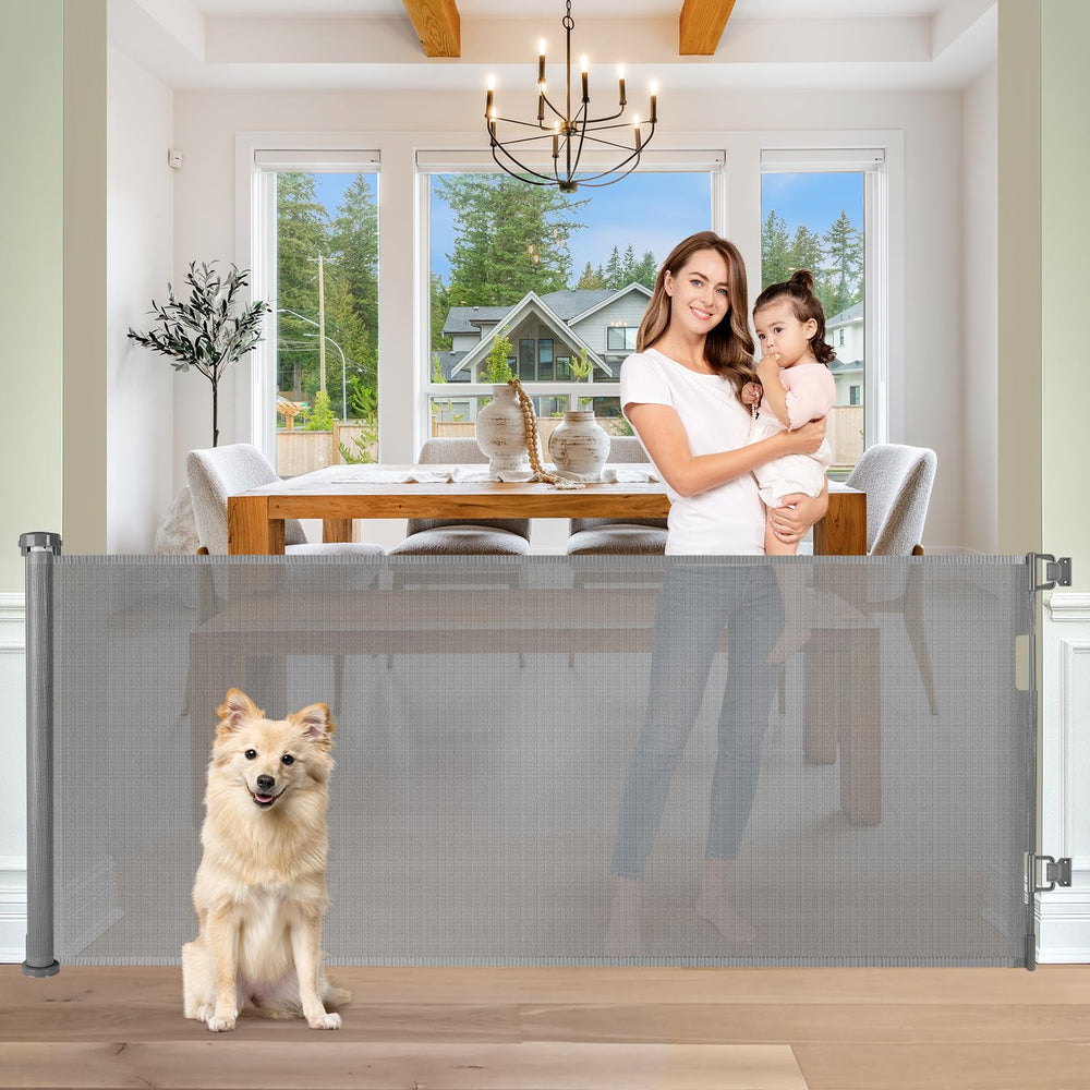 KISKIZ retractable gate 65wide extended for stairs, improves access while keeping kids safe