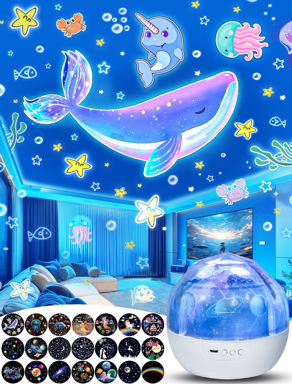 KISTRA night light star projector with cover off revealing ceiling patterns for a magical planetarium feel