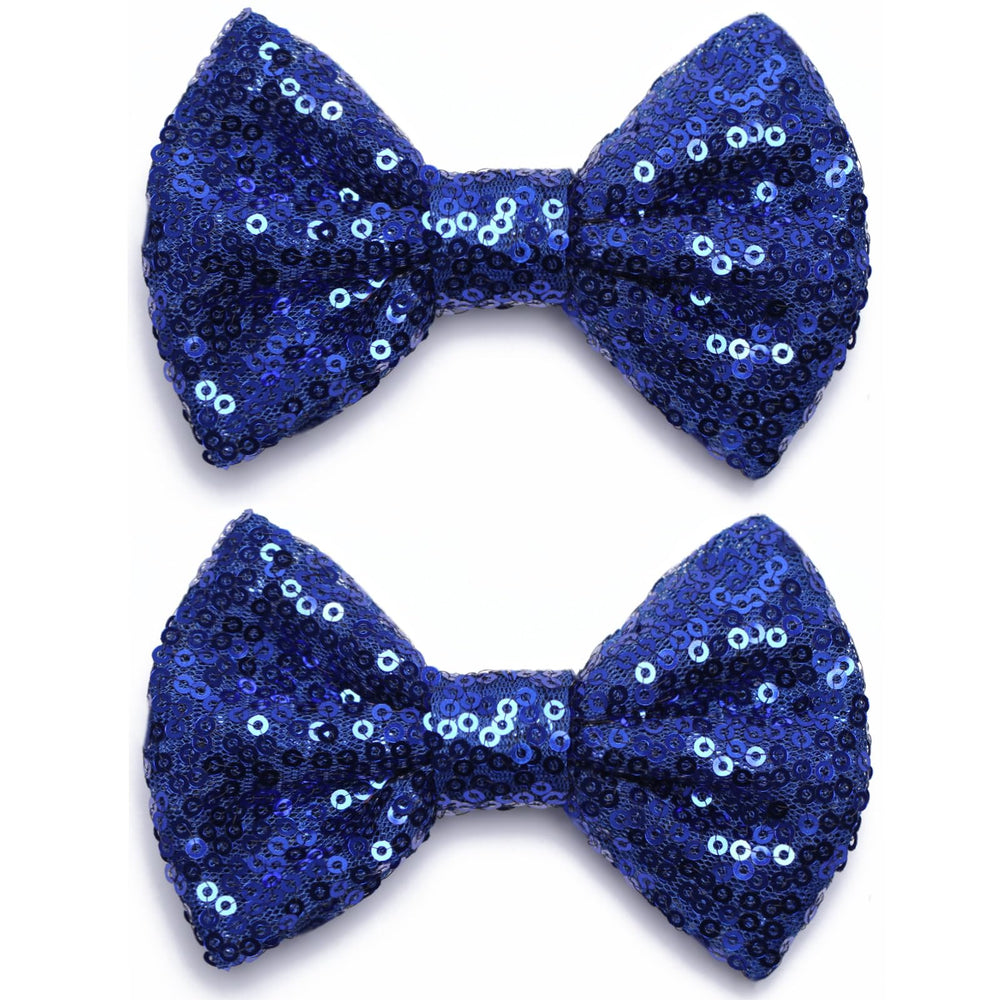 KISZU 4-inch deep blue sequin bow clip close-up showing sparkle and grip