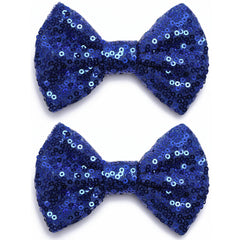 KISZU 4-inch deep blue sequin bow clip close-up showing sparkle and grip