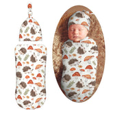 KiuLoam cartoon hedgehog mushroom swaddle blanket, front view, promoting calm naps with soft fabric.