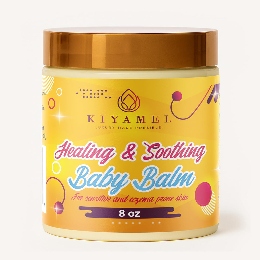 KIYAMEL Healing Baby Balm jar showing moisturizing ingredients for soft skin