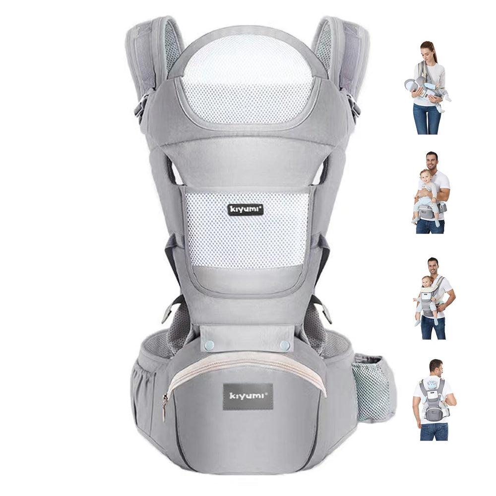 KIYUMI baby carrier hip seat front view shows ergonomic support for growing babies during daily strolls.