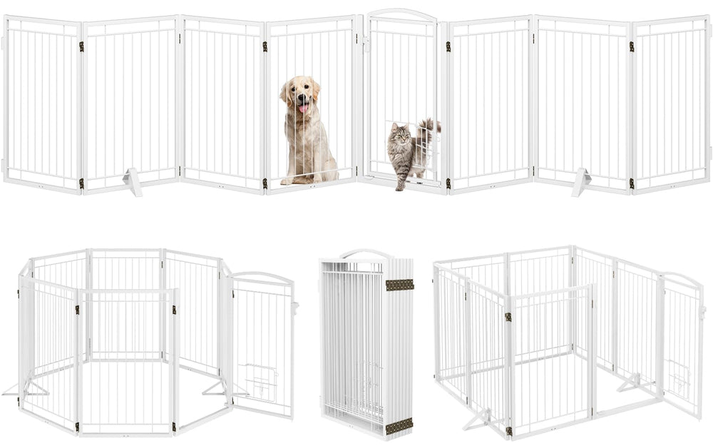 Klarana 8-panel white dog gate provides a wide indoor outdoor barrier.
