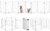 Klarana 8-panel white dog gate provides a wide indoor outdoor barrier.