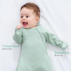 Knirose swaddle with mitten cuffs and two-way zip for easy diaper changes.