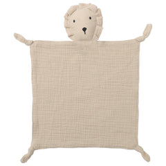 Knirose Lion Lovey closeup in soft muslin for gentle baby skin.