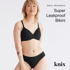 KNIX extended 9-inch gusset bikini showing added coverage to prevent leaks