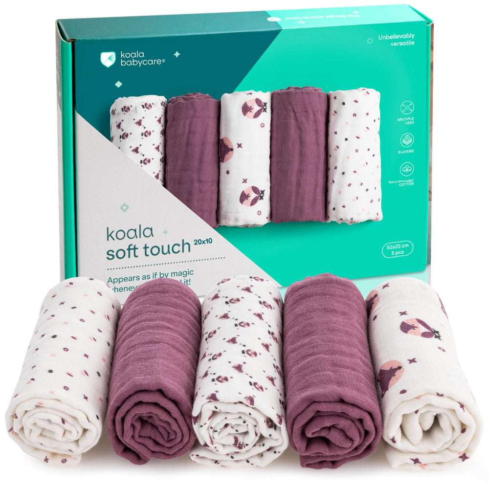Koala Babycare 5-pack muslin burp cloths with multi-layer absorbency for spit-up control.