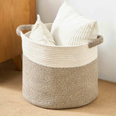 Kodomoore blanket basket round rope storage with white-brown finish keeps blankets neatly organized.