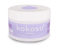 Kokoso baby oil bottle with organic coconut oil for gentle moisturising of baby's skin.