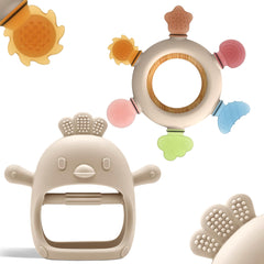 Komfy LilLove hand teether mitten provides secure grip for tiny hands and soothing chewing.