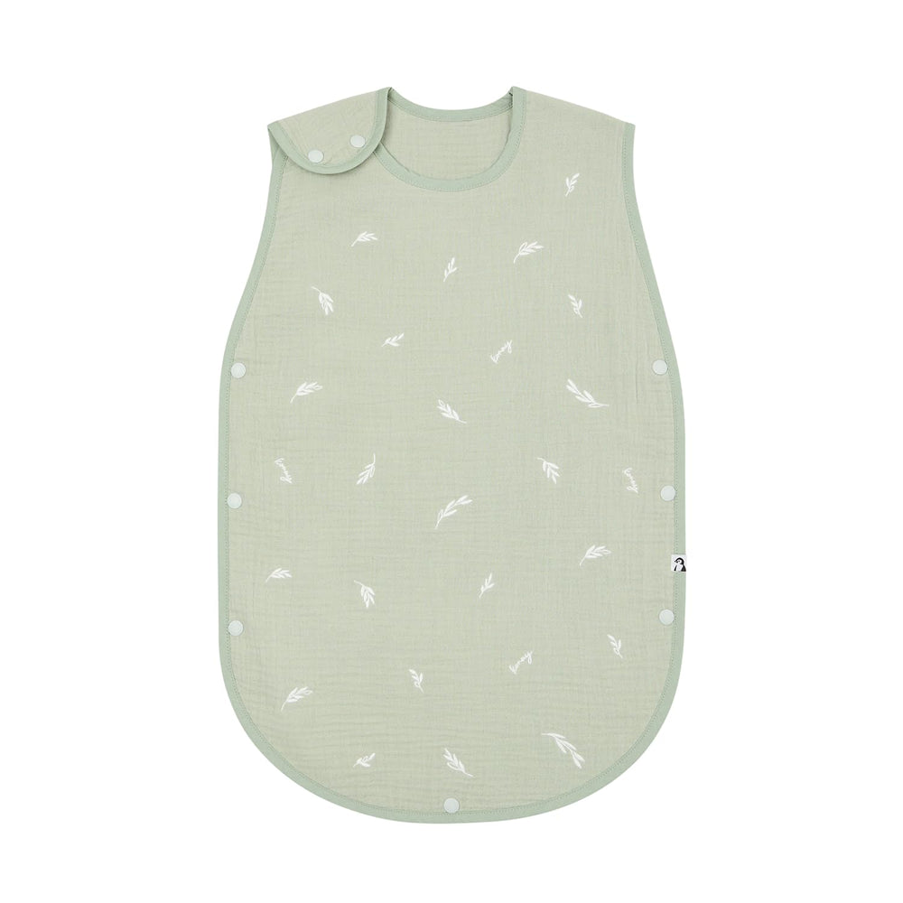 Konny toddler sleep sack in green leaf, flatlay showing breathable six-layer cotton gauze.