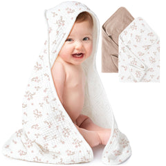 Konssy 2-pack muslin hooded baby towels front view, soft and absorbent