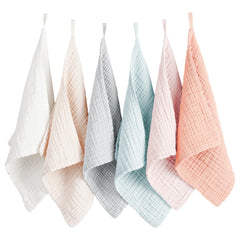 Konssy baby muslin washcloths 6-pack displaying soft, skin-friendly cotton for newborn care.