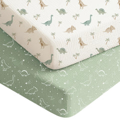 Konssy Dino Jungle crib sheet for a soft, breathable baby's sleep surface