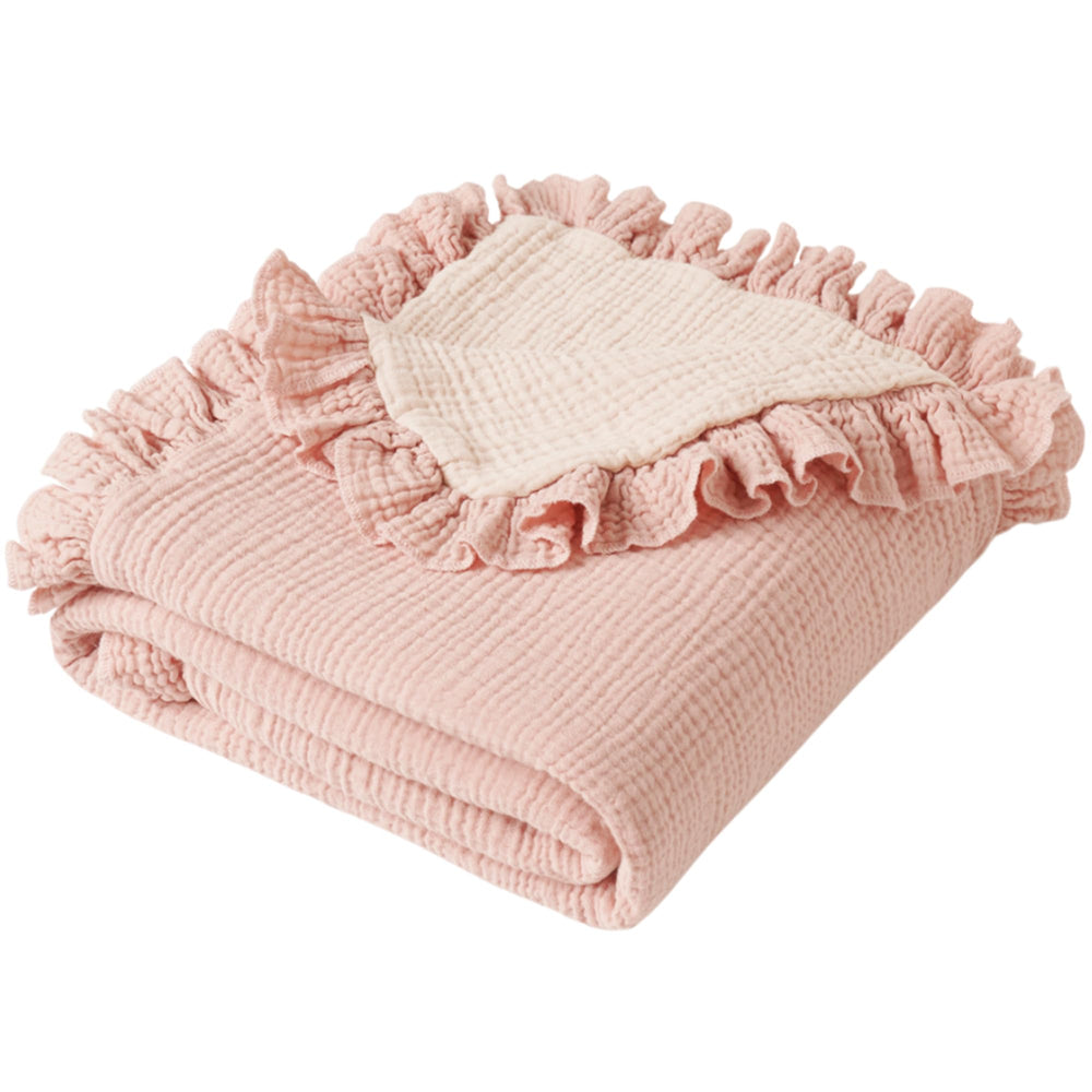 Konssy Flounce Muslin Blanket pink close-up of soft fabric texture