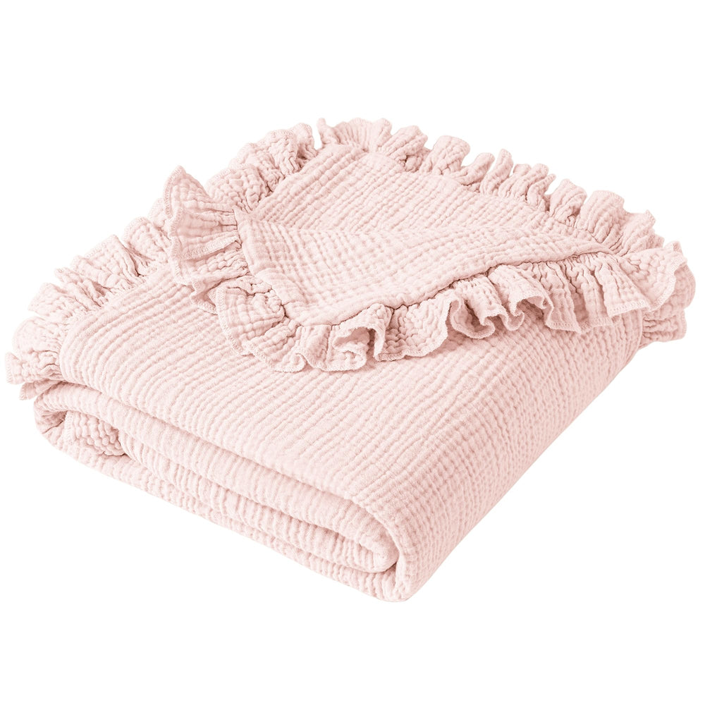 Konssy Flounce Muslin Blanket pink front view, soft breathable fabric for gentle naps