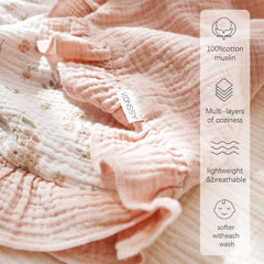 Konssy Flounce Muslin Blanket swaddle setup, helps keep baby snug.