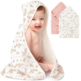 Konssy pink floral hooded baby towel front view, ultra-soft and absorbent