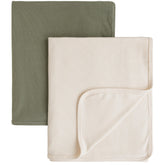 Konssy knit baby blanket in beige and sage shows plush fabric for cozy swaddling.